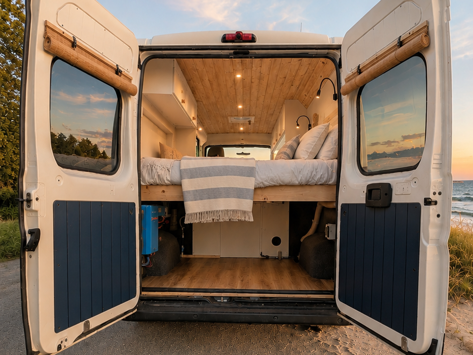 Interior of a converted camper van with a bed, wooden ceiling and floors, and view of the ocean and sunset outside.