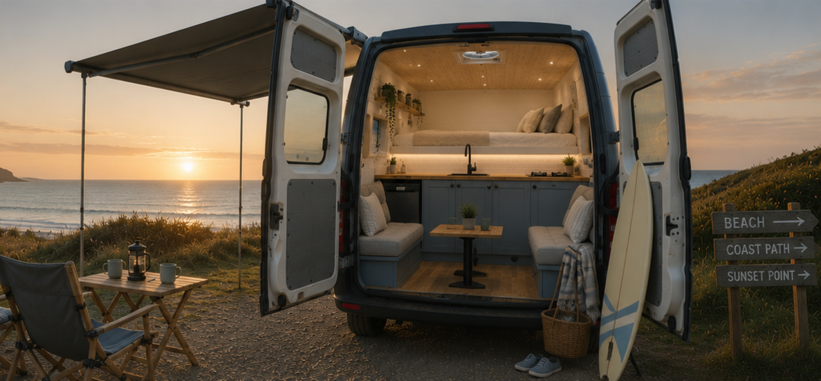 Interior of a camper van at sunset with a bed, kitchenette, and seating area, parked near a beach with a small outdoor dining setup and signs pointing to the beach, coast path, and sunset point.