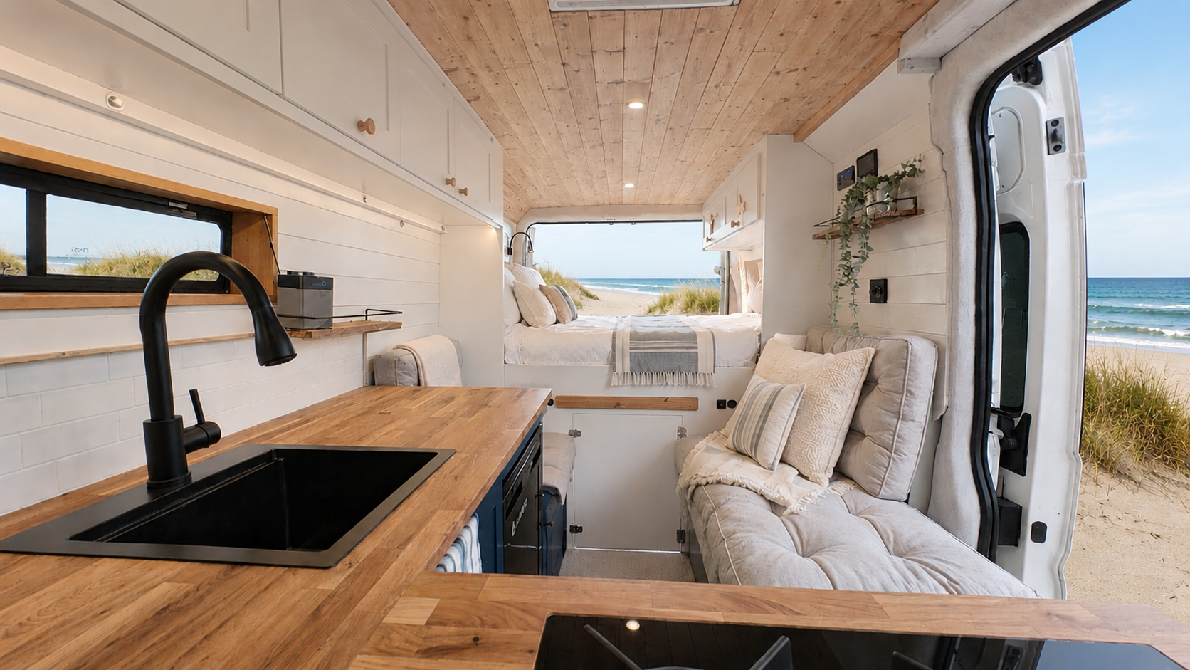 Interior of a tiny beach camper van with a kitchenette, sitting area, and a bed facing a window with a view of the beach and ocean waves.