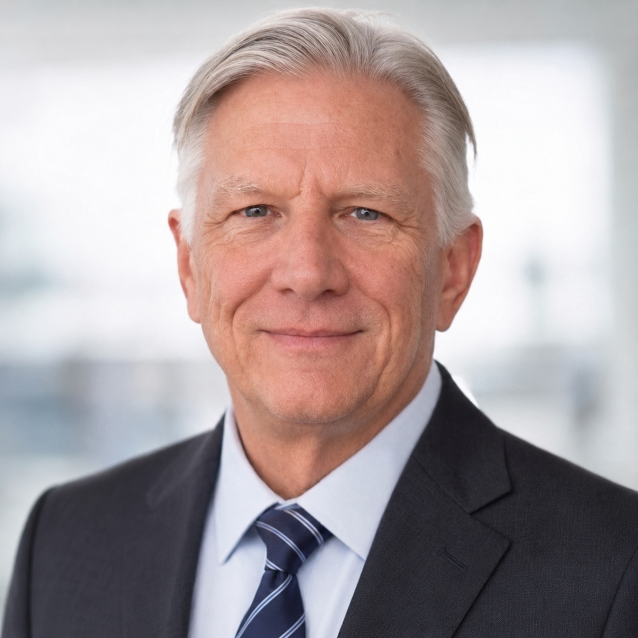 A smiling middle-aged man with gray hair wearing a dark suit, white shirt, and striped tie in an office setting.