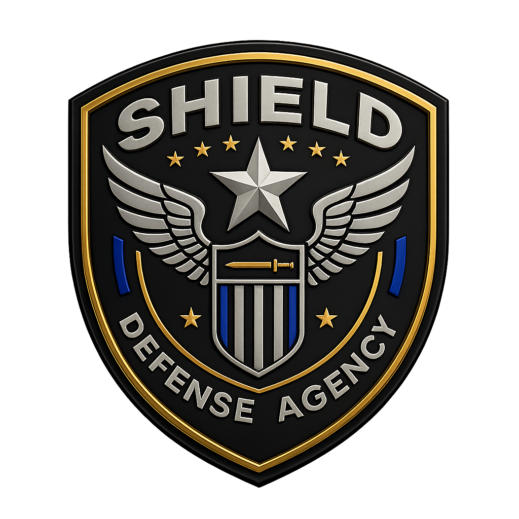 Shield emblem with the words 'SHIELD' and 'DENCE AGENCY', featuring a star, wings, and a shield with stripes, representing a fictional defense agency.