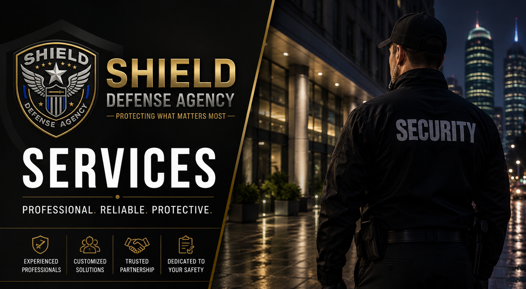 Menu for Shield Defense Agency offers security services featuring experienced professionals, customized solutions, trusted partnership, and dedication to safety, with an image of a security guard standing outside at night.