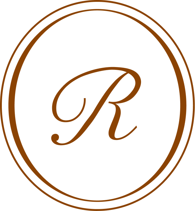 A black background with a brown oval border and the letter R in the center in cursive font.