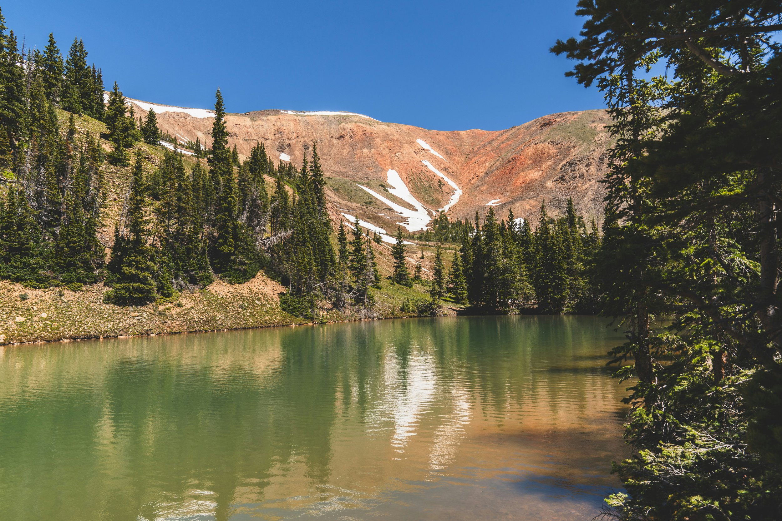 Scenic view of a mountain lake with greenish water, surrounded by pine trees and a mountain with patches of snow against a bright blue sky.