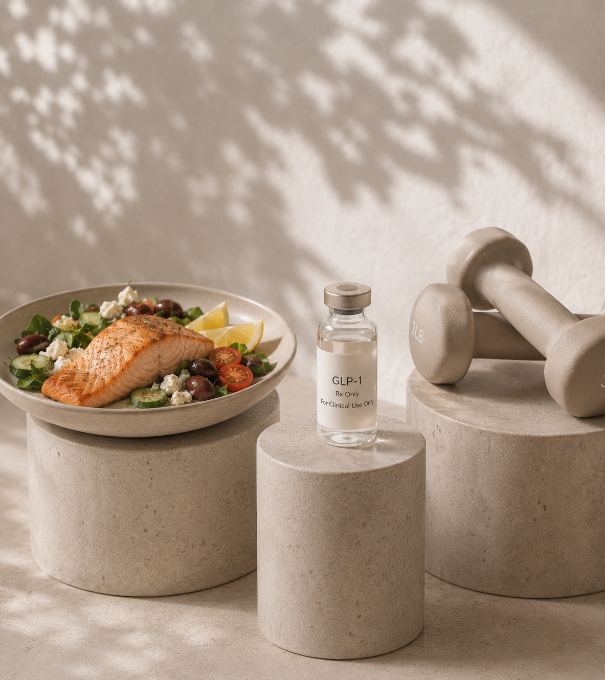 A plate of salmon salad with cucumber, cherry tomatoes, grapes, olives, feta cheese, and lemon wedges, placed on a beige cylindrical stand. Next to it is a small bottle labeled 'GLP-1 Rx Only For Clinical Use Only,' and a pair of light gray dumbbells on another stand. Shadows of leaves are cast on the background wall.