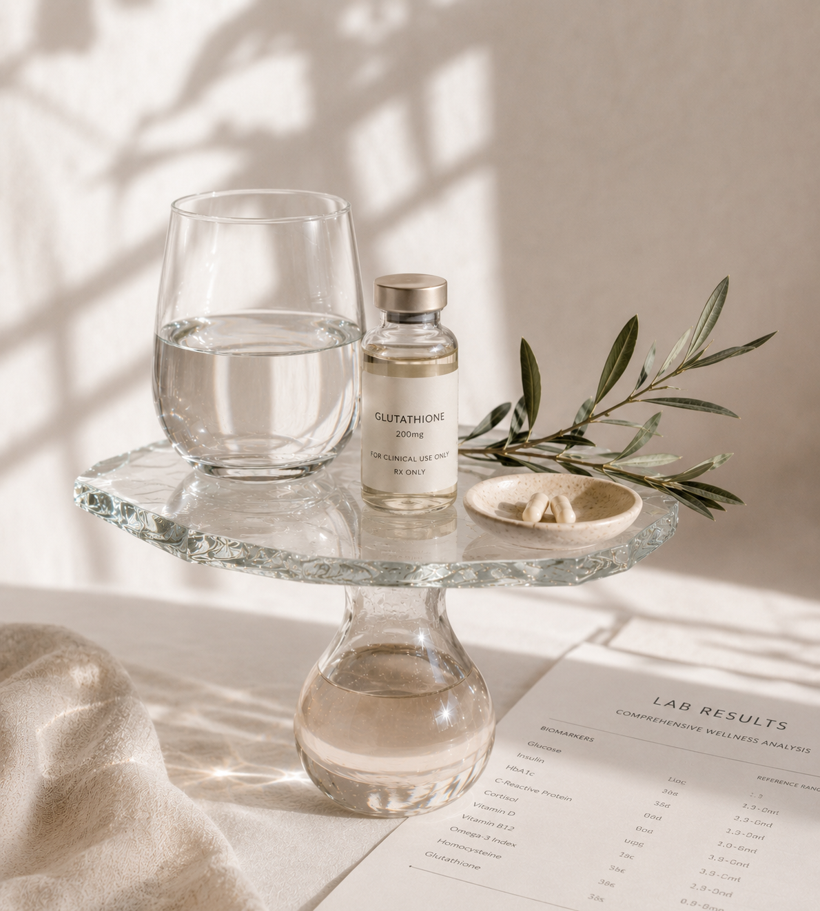 Glass of water, a bottle labeled Glutathione, a small dish with pills, olive branch, and lab results on white surface