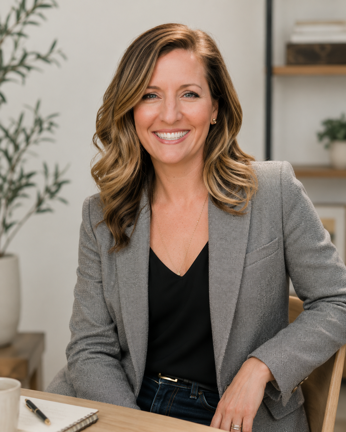A smiling woman with wavy light brown hair in a gray blazer, black top, and necklace, sitting at a desk in a bright office.