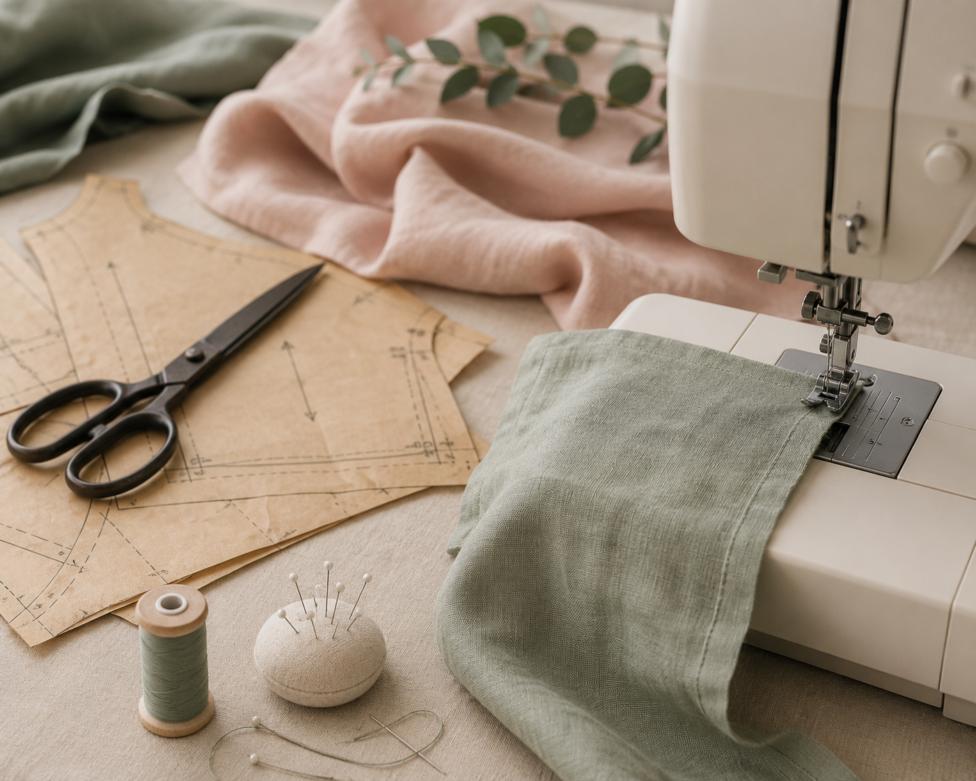 Sewing machine stitching a light green fabric, surrounded by pattern paper, scissors, pink and green fabrics, sewing pins, a spool of thread, and a pin cushion.