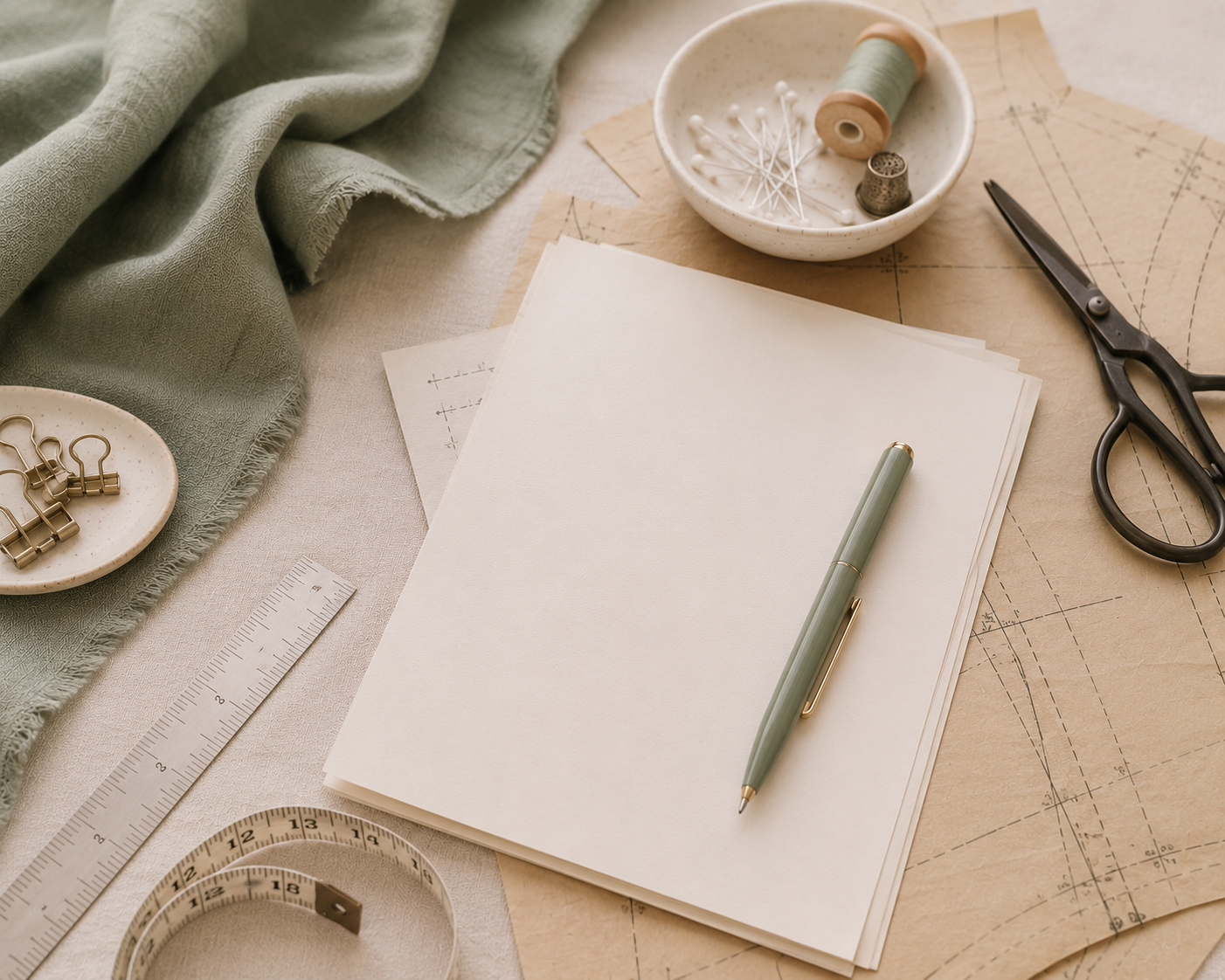 Design workspace with sewing patterns, a pen, scissors, measuring tape, fabric, and sewing supplies.