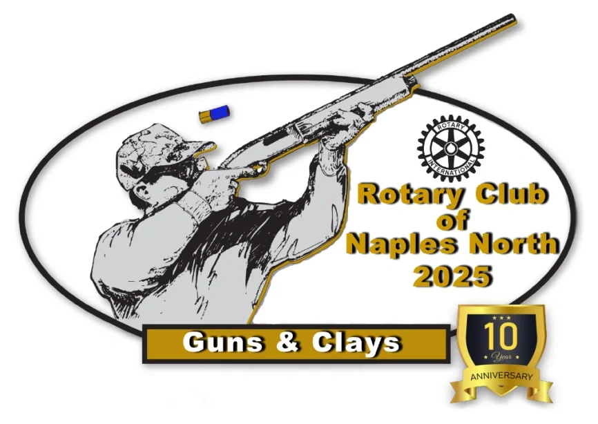 A graphic logo for the Rotary Club of Naples North 2025 features a boy with sunglasses aiming a shotgun, with a white background, black oval border, and gold and black text that reads 'Guns & Clays.' It includes the Rotary International emblem, and a gold shield with the number 10 and a banner celebrating the 10-year anniversary.