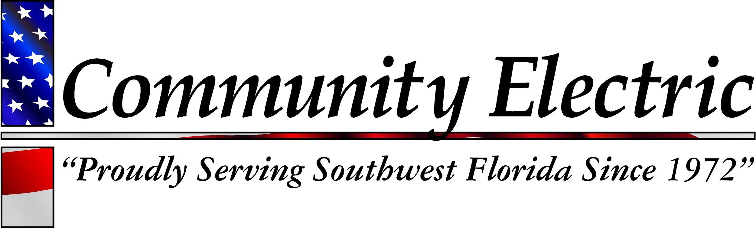 Logo for Community Electric with an American flag on the left and a red and white striped design, and a slogan: "Proudly Serving Southwest Florida Since 1972"