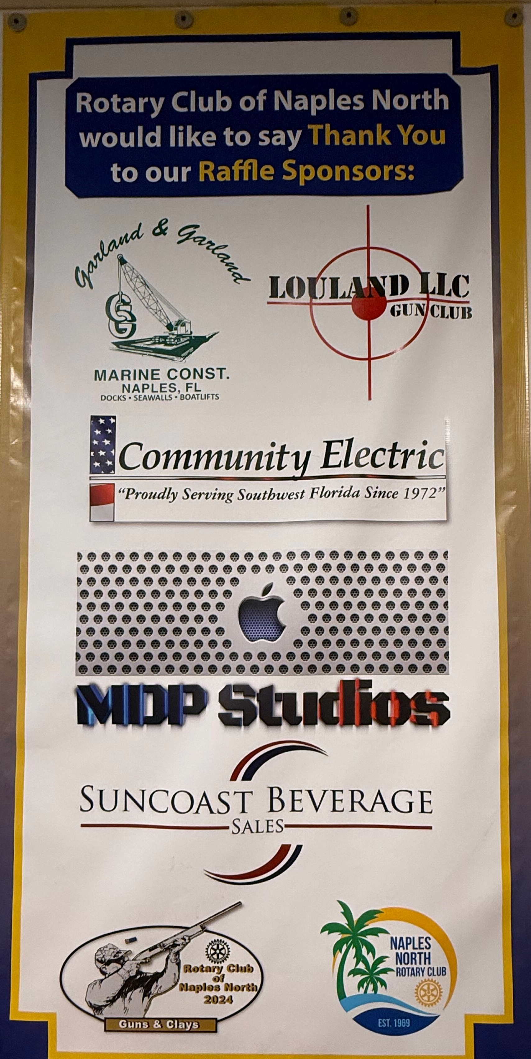 A poster displaying sponsors of the Rotary Club of Naples North, including local businesses, a government agency, and community organizations. It features logos and names of the sponsors, along with a message of gratitude.
