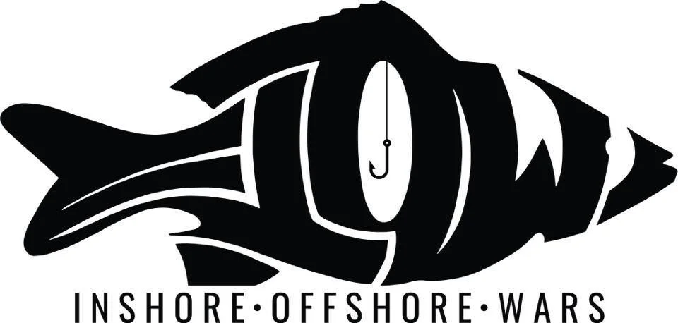 A stylized black fish with a fishing hook in its eye and the text 'INSHORE OFFSHORE WARS' underneath.