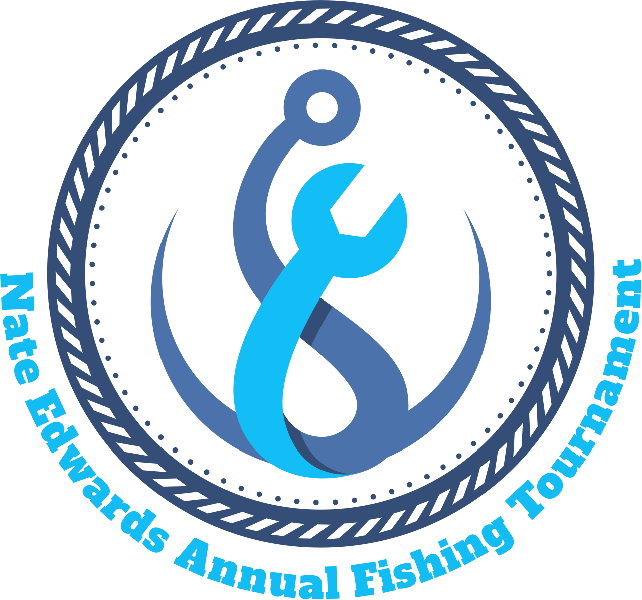 Logo for the Marine Edwarards Annual Fishing Tournament. It features a stylized fish with a wrench and a hook inside a circular design, with the event name written around it in blue text.