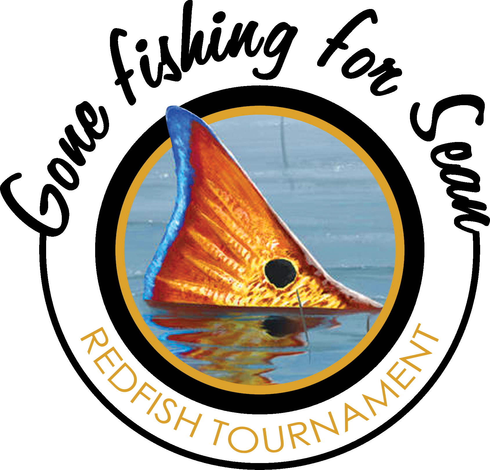 logo with the tail of a red fish with bright orange and blue colors floating on water, framed within a gold circular emblem, with a black background and gold decorative elements.