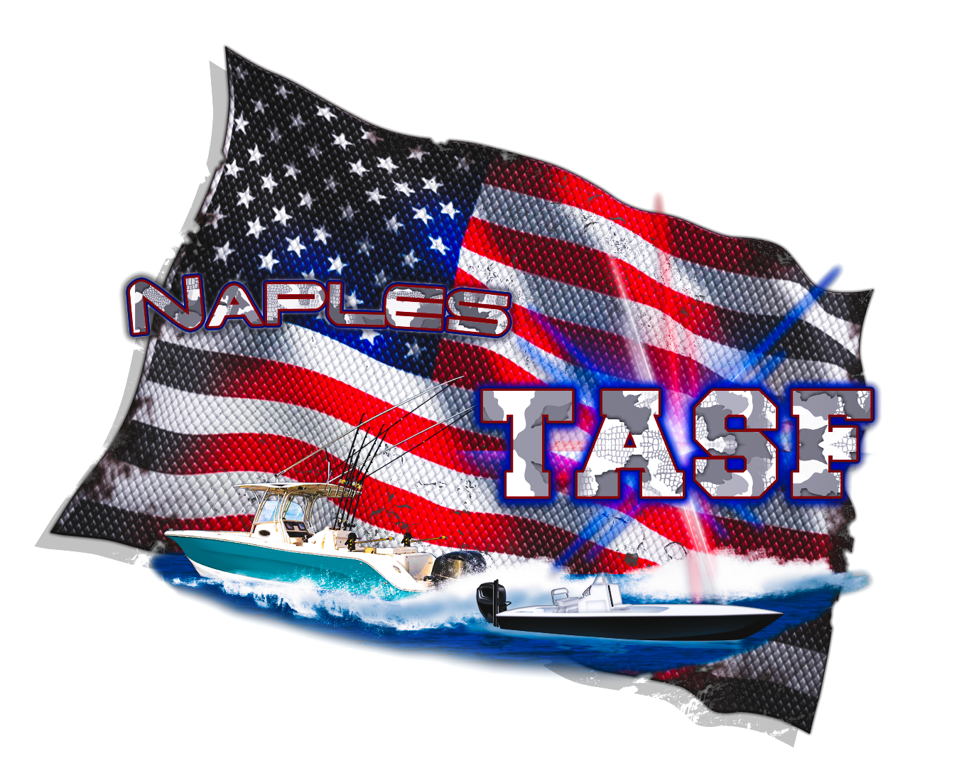 An American flag for Take a soldier fishing with a textured pattern, two boats on the water, and the words 'Naples' and 'Tase' overlaid.