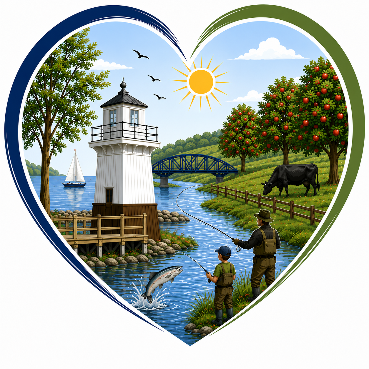 An illustration of the town of Carlton's assets such as Lake Ontario, the Oak Orchard River, Boating, Sailing, the Historical Oak Orchard Lighthouse and our Agricultural community