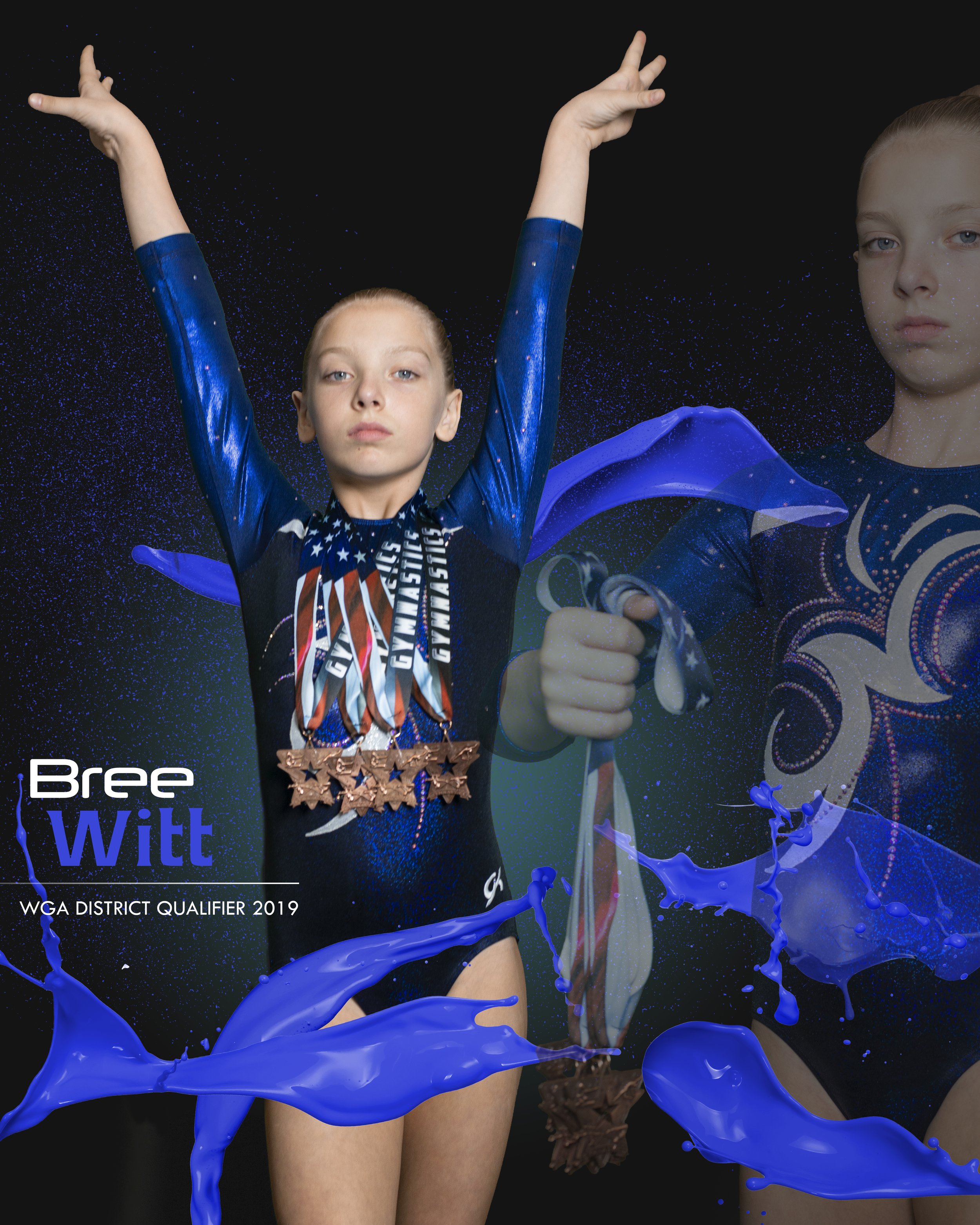 Young girl in a gymnastics uniform with an American flag design and medals around her neck, raising her arms in celebration. The background features splashes of blue paint and the text "Bree Wi..." and "WGA DISTRICT QUALIFIER 2019."