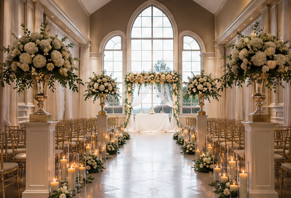 Elegant indoor wedding ceremony setup with white floral arrangements and candles along the aisle, large arched window in the background.