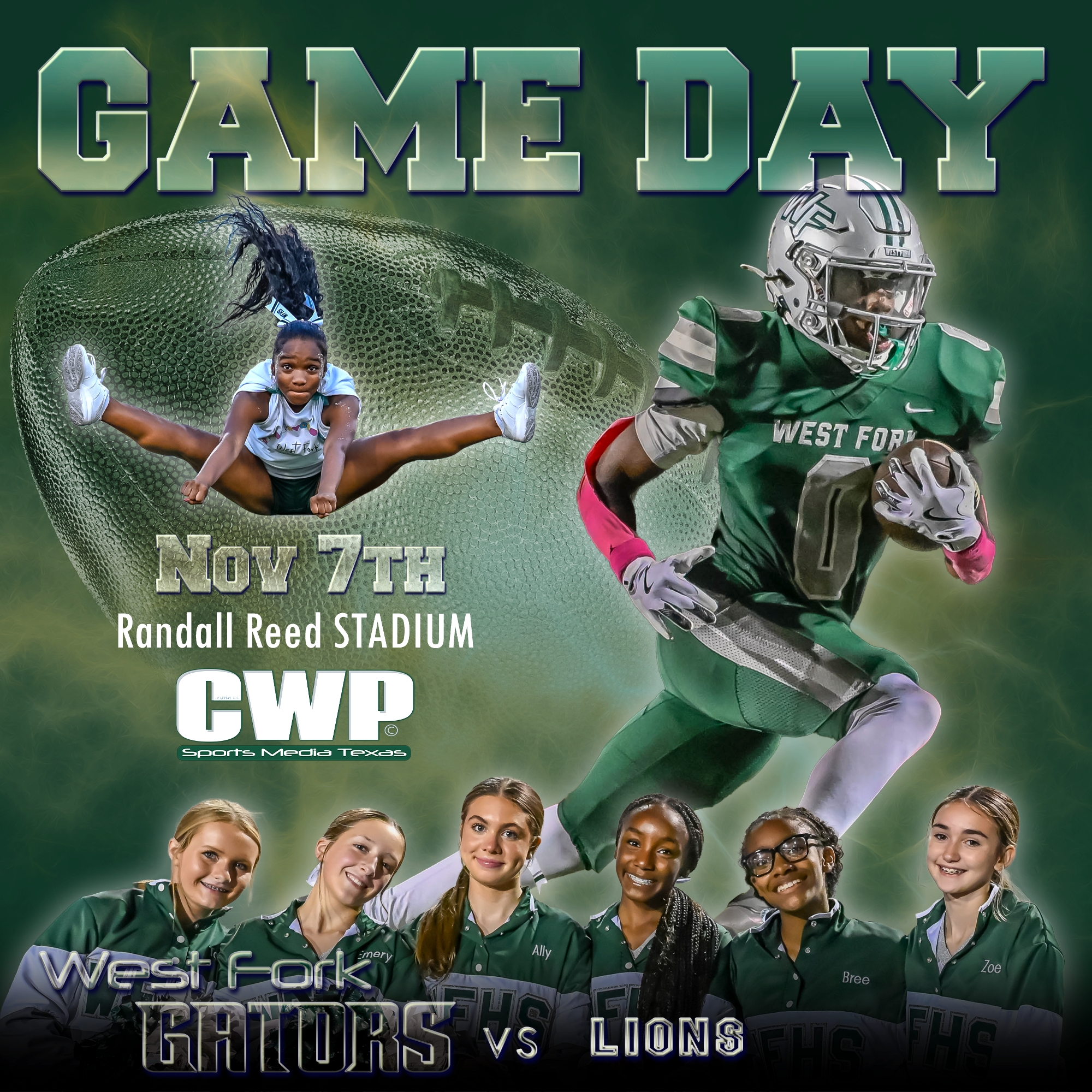 A group of female athletes wearing green and gray uniforms, standing together for a team photo. The image appears to be related to a sports event between West Fork and Lions, with details about a game on November 7th at Randal Reed Stadium.