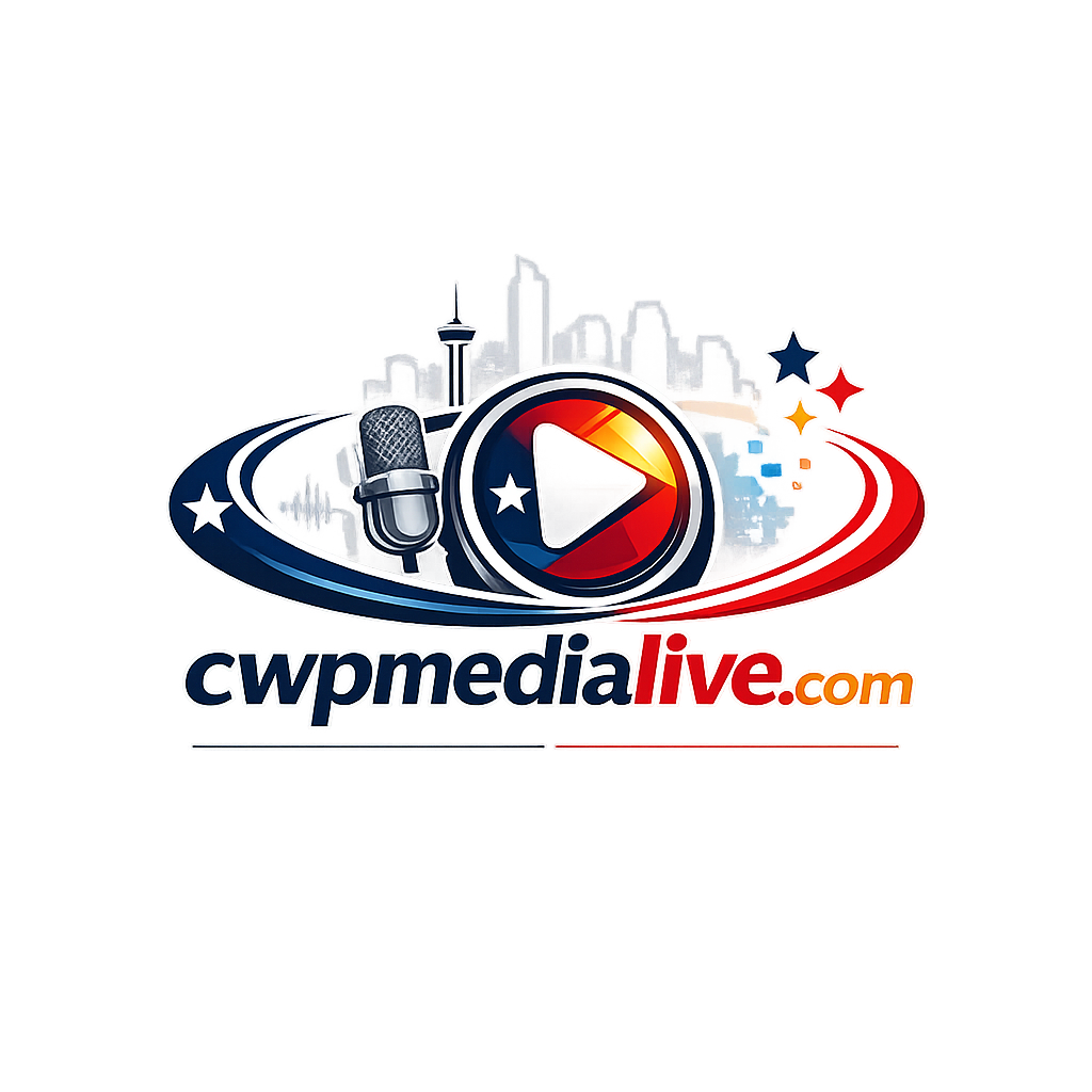 Logo for cwpmadia live featuring a microphone, city skyline, and a play button with red, white, and blue colors.