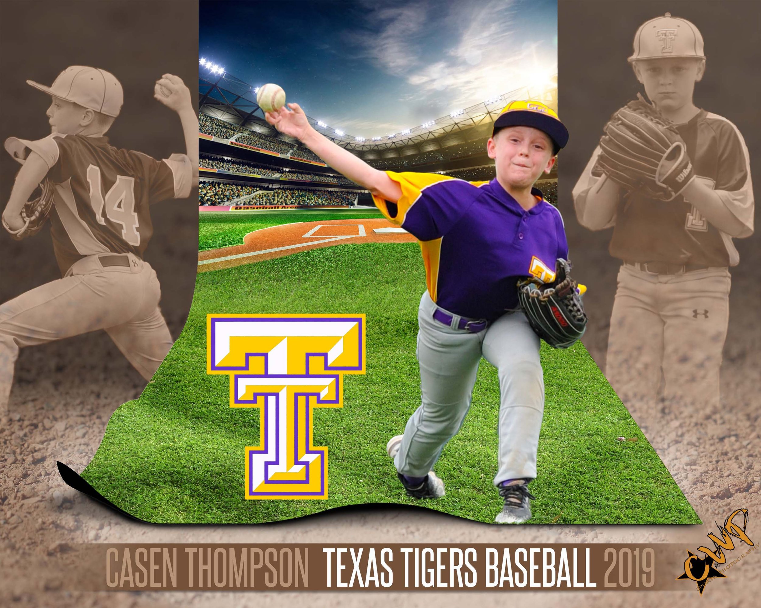 A young boy in a Texas Tigers baseball uniform is running on a baseball field while holding a baseball in his left hand. The background shows a stadium filled with spectators and a partly cloudy sky at sunset. The image features a collage with two bl
