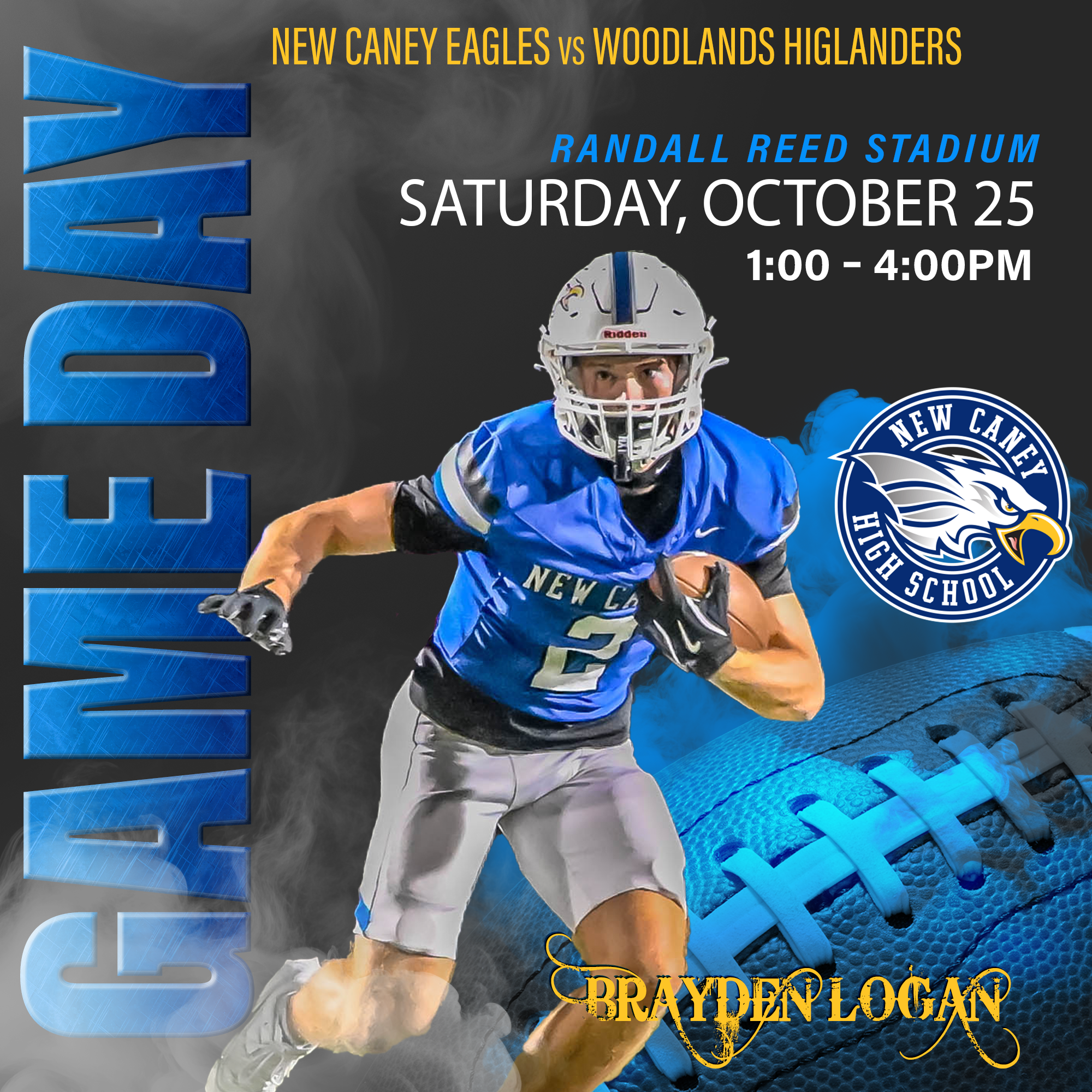 A promotional poster for a hockey game between the New Caney Eagles and Woodlands Highlanders at Randall Reed Stadium on Saturday, October 25 from 1:00 to 4:00 PM. The poster features a hockey player in blue and white gear, with a focus on his face a
