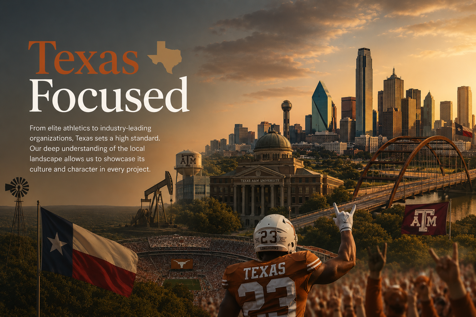 A promotional image for Texas, featuring a city skyline at sunset with a football player from Texas A&M University making a gesture, a Texas flag, and a crowd in the foreground, emphasizing Texas culture and character.