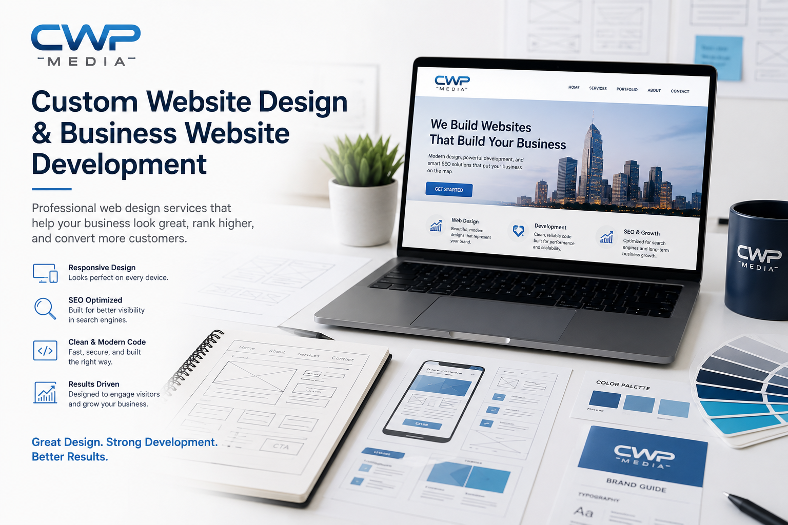 A promotional display for CWP Media showing a laptop, smartphone, coffee mug, sketches, color palette, and branding materials on a white desk, illustrating web design and business branding services.