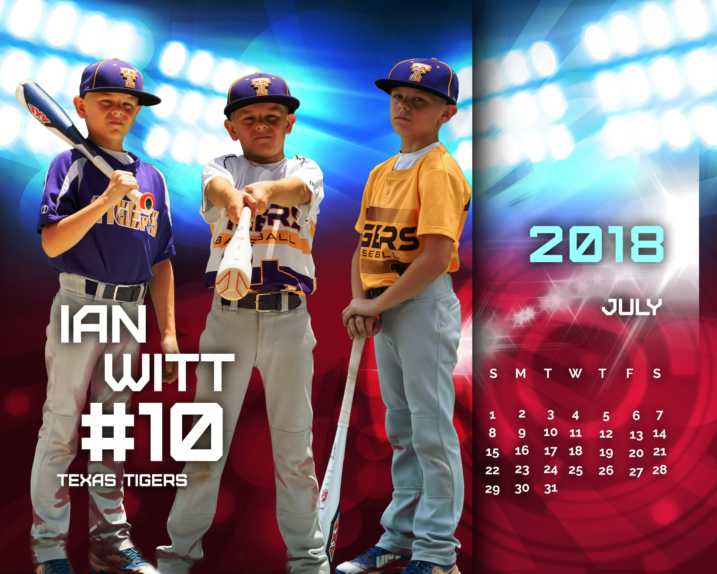Three young boys in baseball uniforms and caps with the Texas Tigers logo, standing outdoors against a blurred blue and white background. The image is part of a calendar page for July 2018, with the days of the week and dates displayed on the right, 