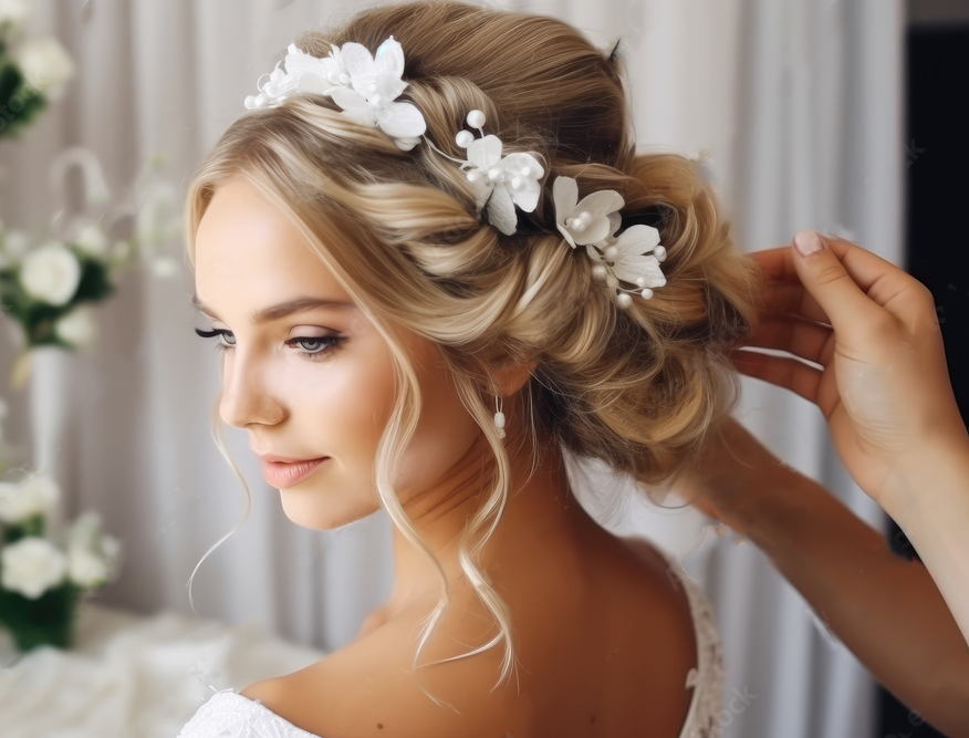 Brunette woman with styled blonde hair and white floral hairpiece, having earrings put on, near white flowers.