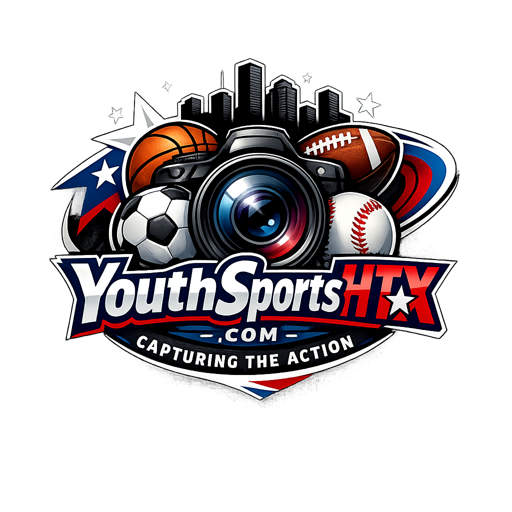 Logo for Youth Sports HTX featuring a camera, various sports balls, city skyline, and the slogan 'Capturing the Action'.