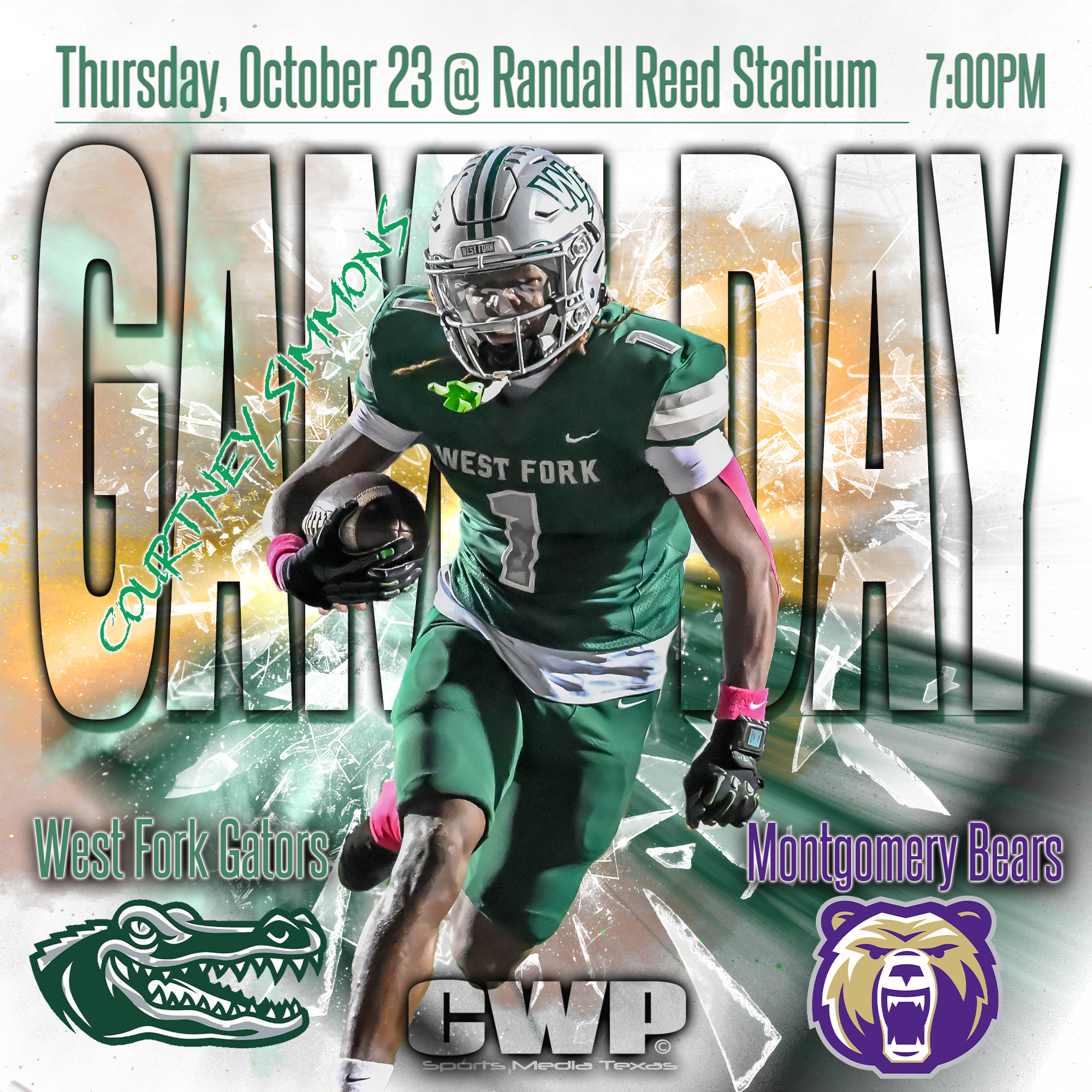 Football game poster featuring a player in a green jersey running with the ball, with text about the West Fork Gators versus Montgomery Bears game taking place on Thursday, October 23 at 7:00 PM at Randall Reed Stadium.