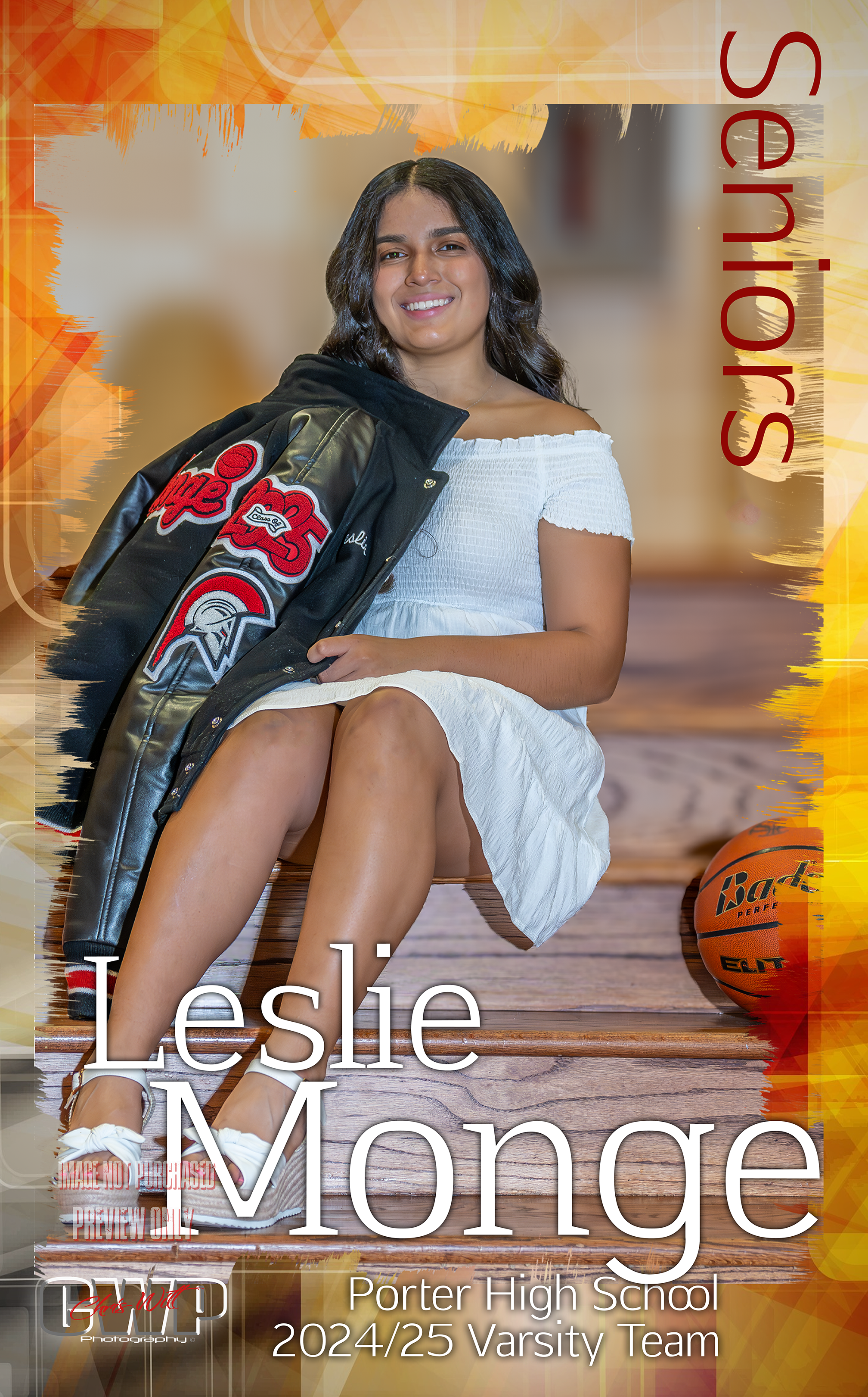 Young woman with dark hair smiling, sitting on a wooden bench with a basketball, wearing a white dress and a black jacket with patches over her shoulder. A second basketball is on the ground nearby. The background is blurred and the image has a color