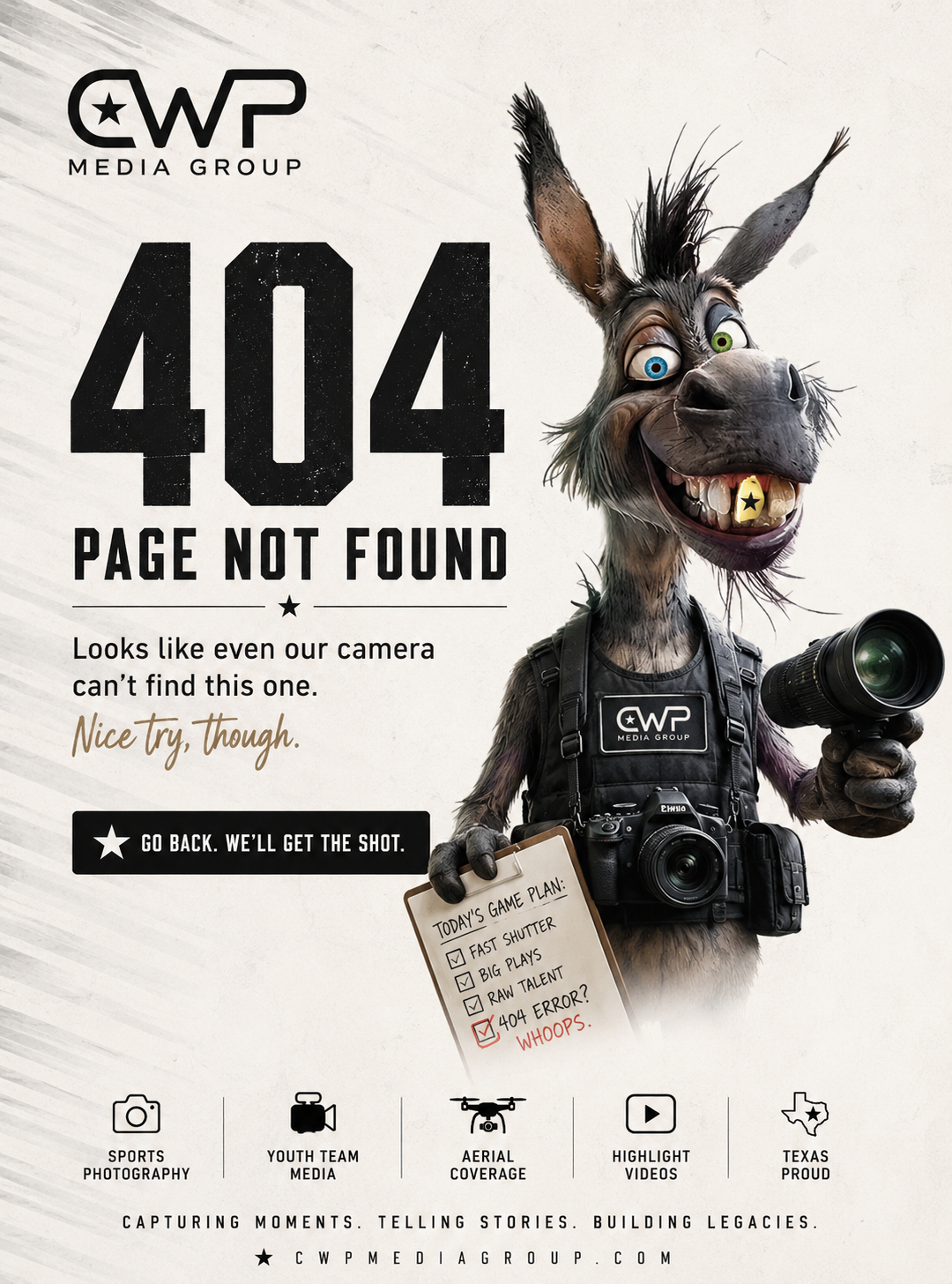 A humorous 404 page featuring a cartoon donkey holding a camera and a lens, with a caption about a '404 error' and a game plan checklist. The page includes logos and icons for media services, and a tagline about capturing moments, telling stories, and building legacies.