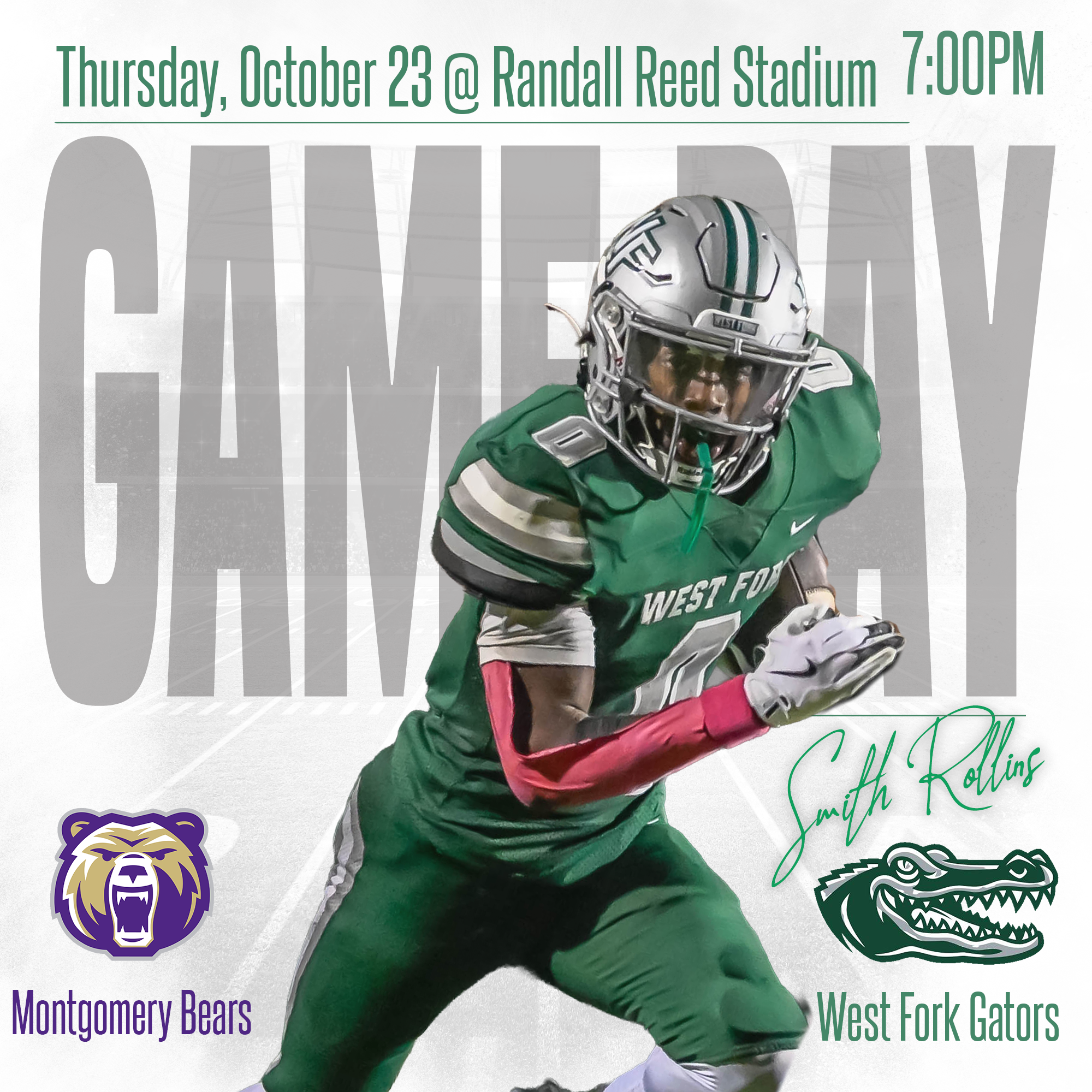 An illustrated poster for a football game between Montgomery Bears and West Fork Gators scheduled for Thursday, October 23 at 7:00 PM at Randall Reed Stadium. The poster features a football player in green uniform with a helmet and gloves, and includ
