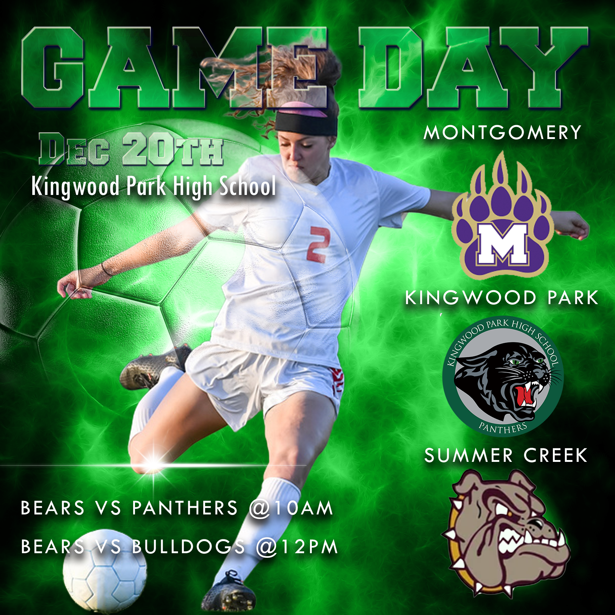A digital graphic promoting a high school sports event with a green background. It features a soccer player in a white jersey kicking a soccer ball, with a large green and black soccer ball graphic. Text announces a game on December 20th at Kingwood 