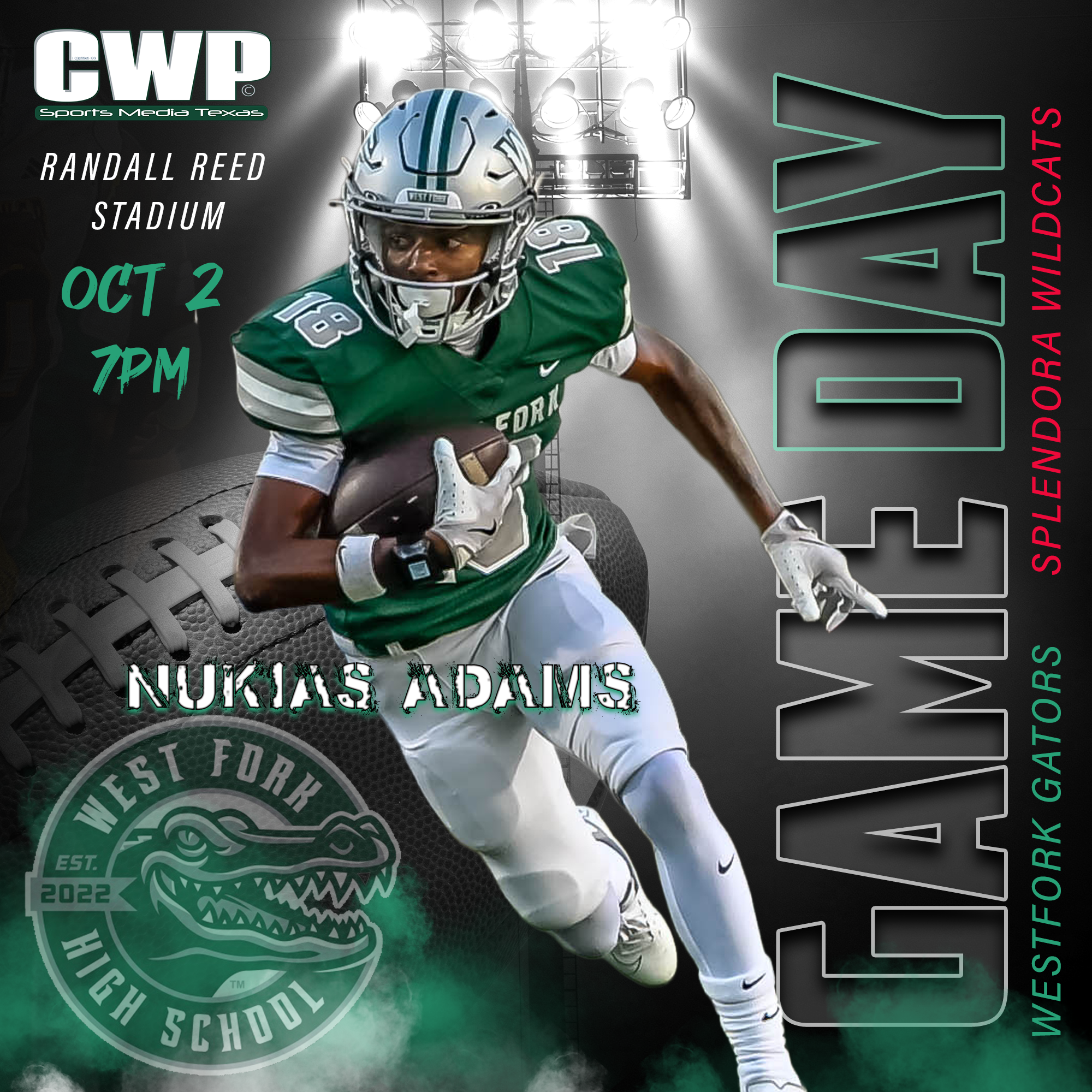 A football player in a green and white uniform running with a football, highlighted in front of a stadium light setup. The image promotes a game scheduled at Randall Reed Stadium on October 2nd at 7 PM, with text overlays about the game and a logo fo