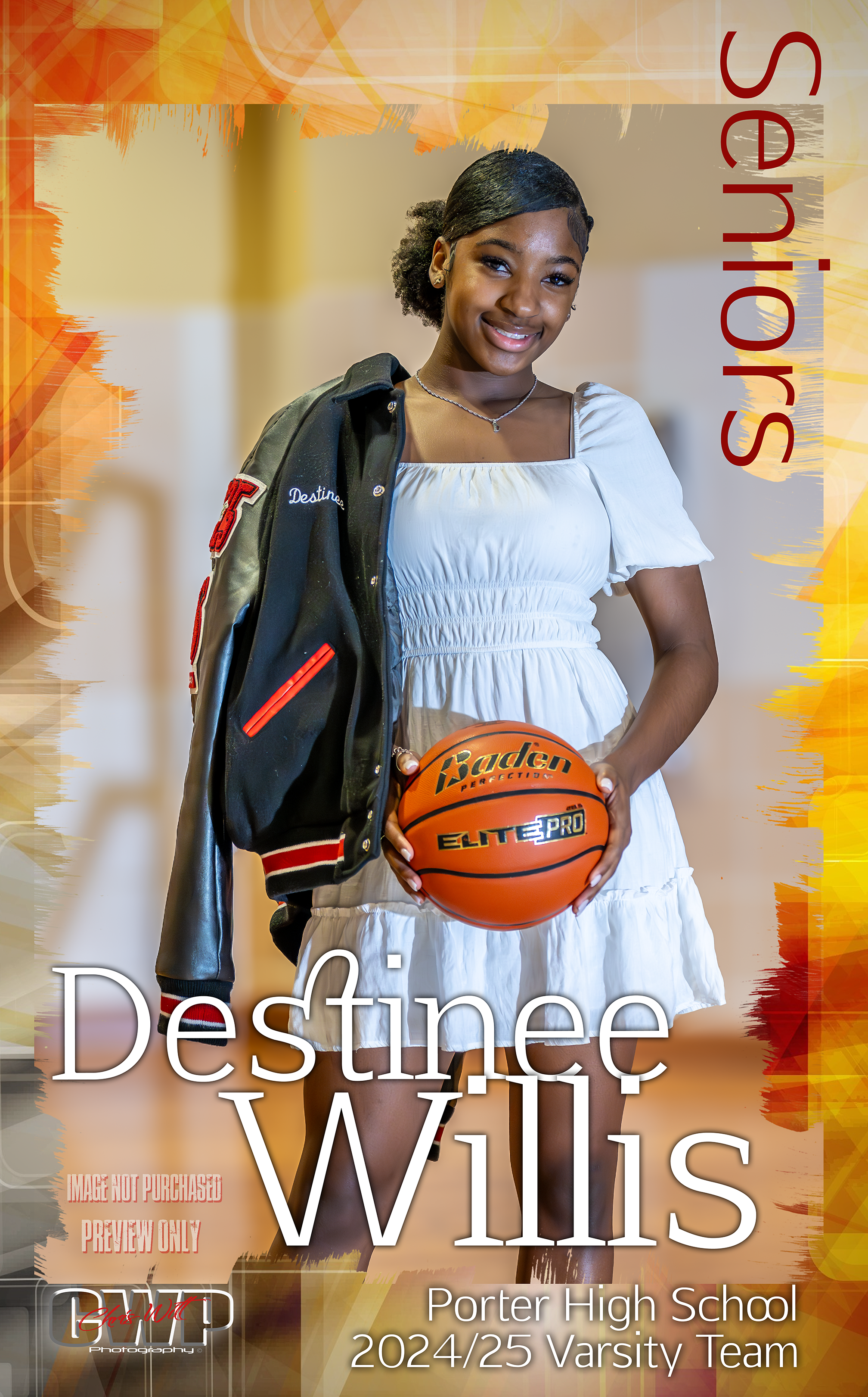 Young African American woman smiling and holding a basketball, wearing a white dress and a black varsity jacket draped over her shoulder, standing in a gymnasium or indoor sports facility.