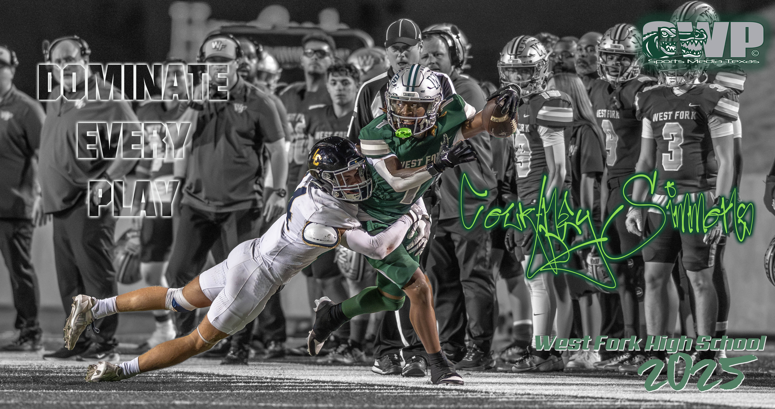 A football game scene at night with players from West Fork High School. The image shows a player in a green uniform running with the ball, trying to evade a player in a white uniform. A crowd and coaching staff are visible on the sideline. Text overl