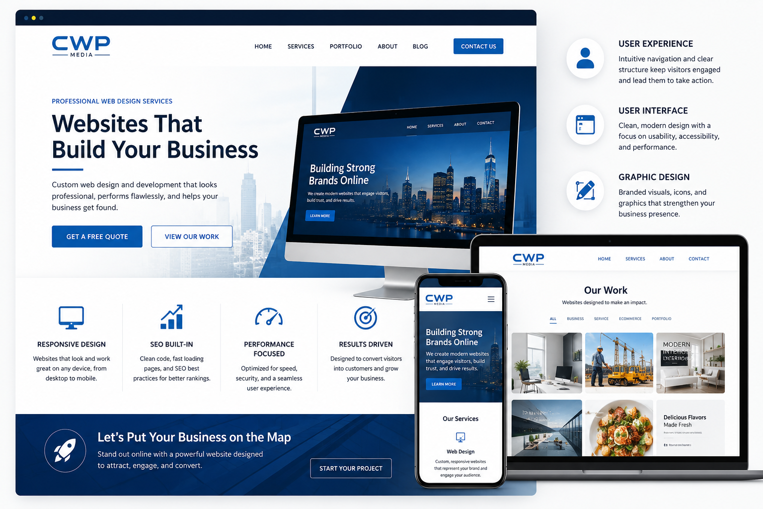 Screenshot of a web design company's homepage showing the company's name 'CWP Media,' a cityscape on a monitor, a mobile phone, and a tablet with website images. The page highlights services like responsive design, SEO, performance, and results-driven websites.