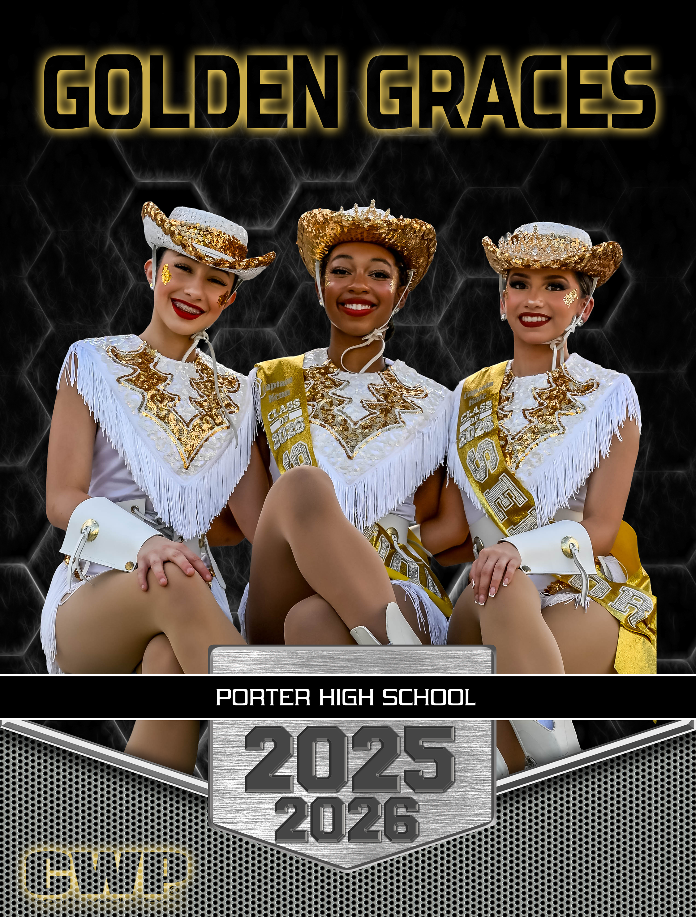 Photo of three young women wearing country-style white and gold costumes with sashes reading 'Porter High School' and '2025'. They are smiling, sitting with their legs crossed, and wearing matching cowboy hats. The background features the words 'Gold