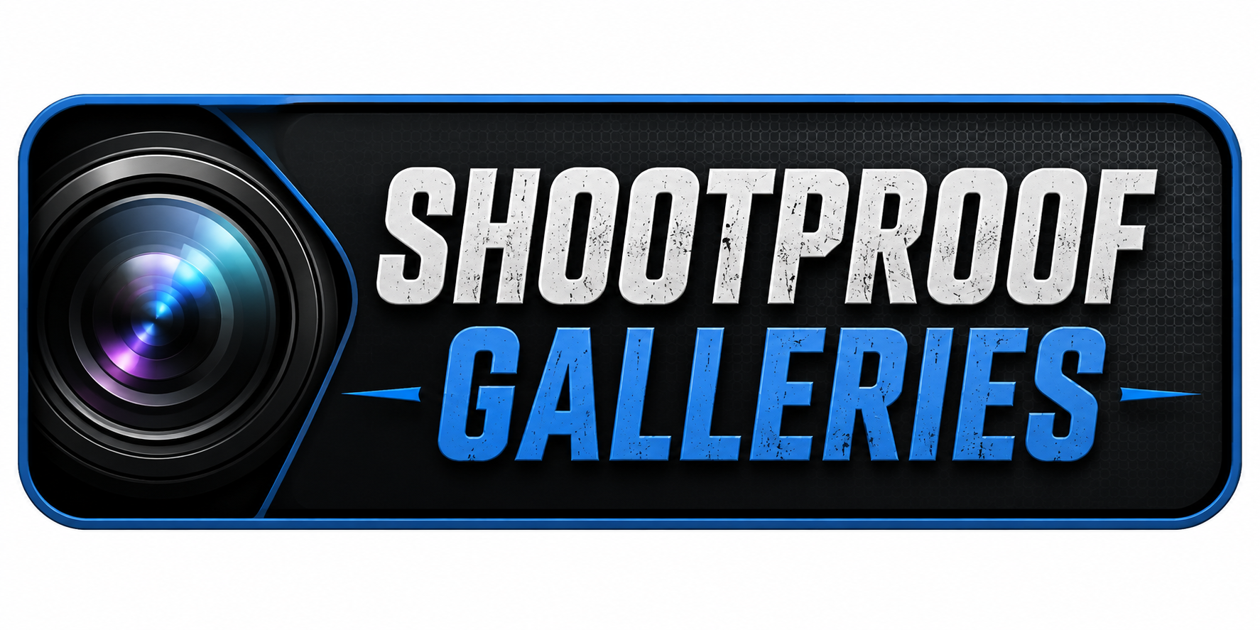 A logo for 'ShootProof Galleries' featuring a camera lens on the left and bold text in gray and blue on a black background.