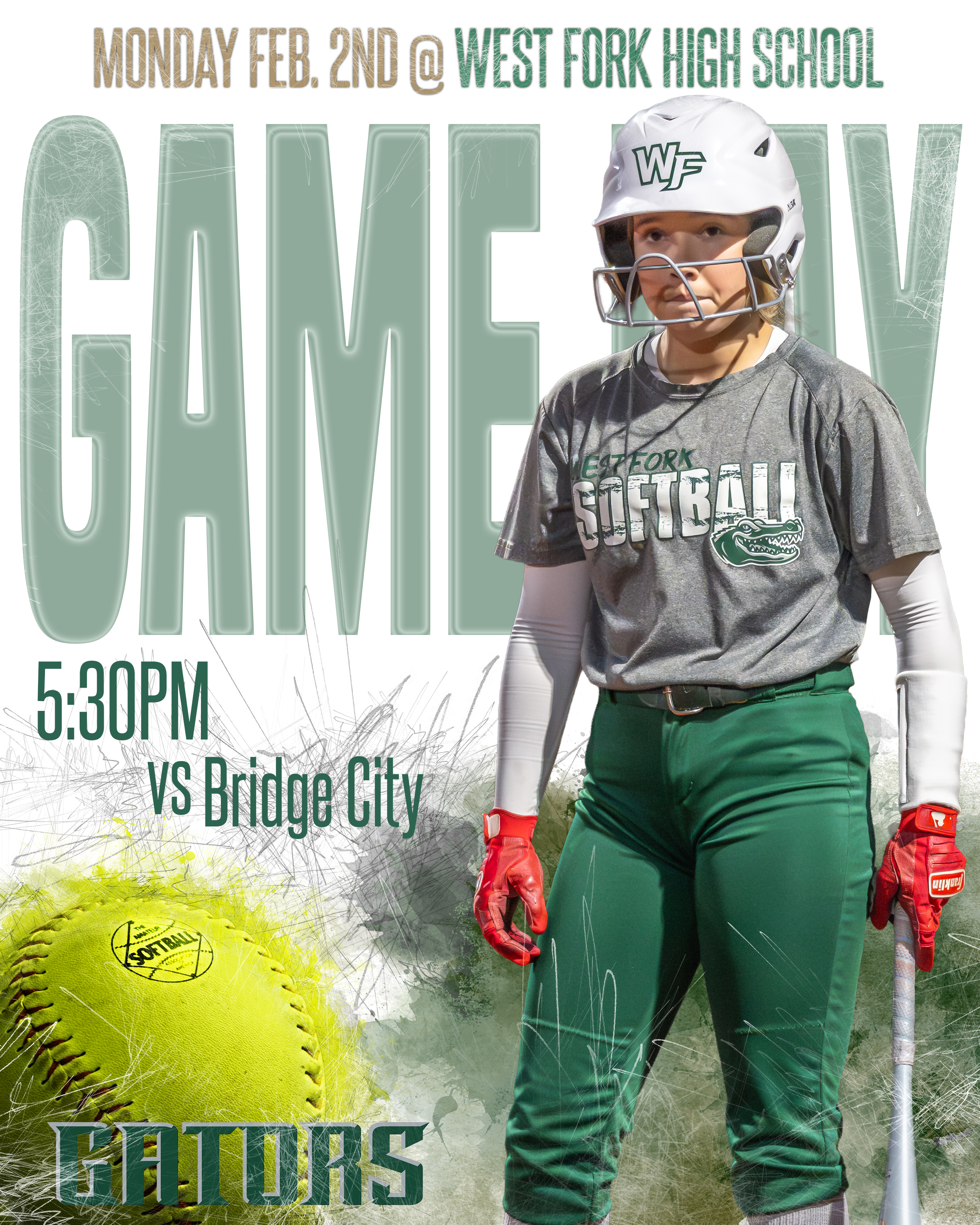 Promotional poster for a softball game featuring a young female player wearing a white helmet and a grey shirt with a crocodile logo. The background includes a large yellow softball with the text "SOFTBALL", and the poster text indicates the game is 