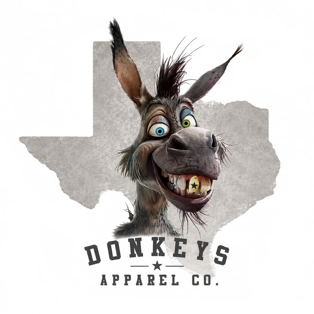 A cartoon donkey with different colored eyes and a crooked smile showing gold teeth, standing in front of an outline of the state of Texas with the text "Donkey's Apparel Co." underneath.