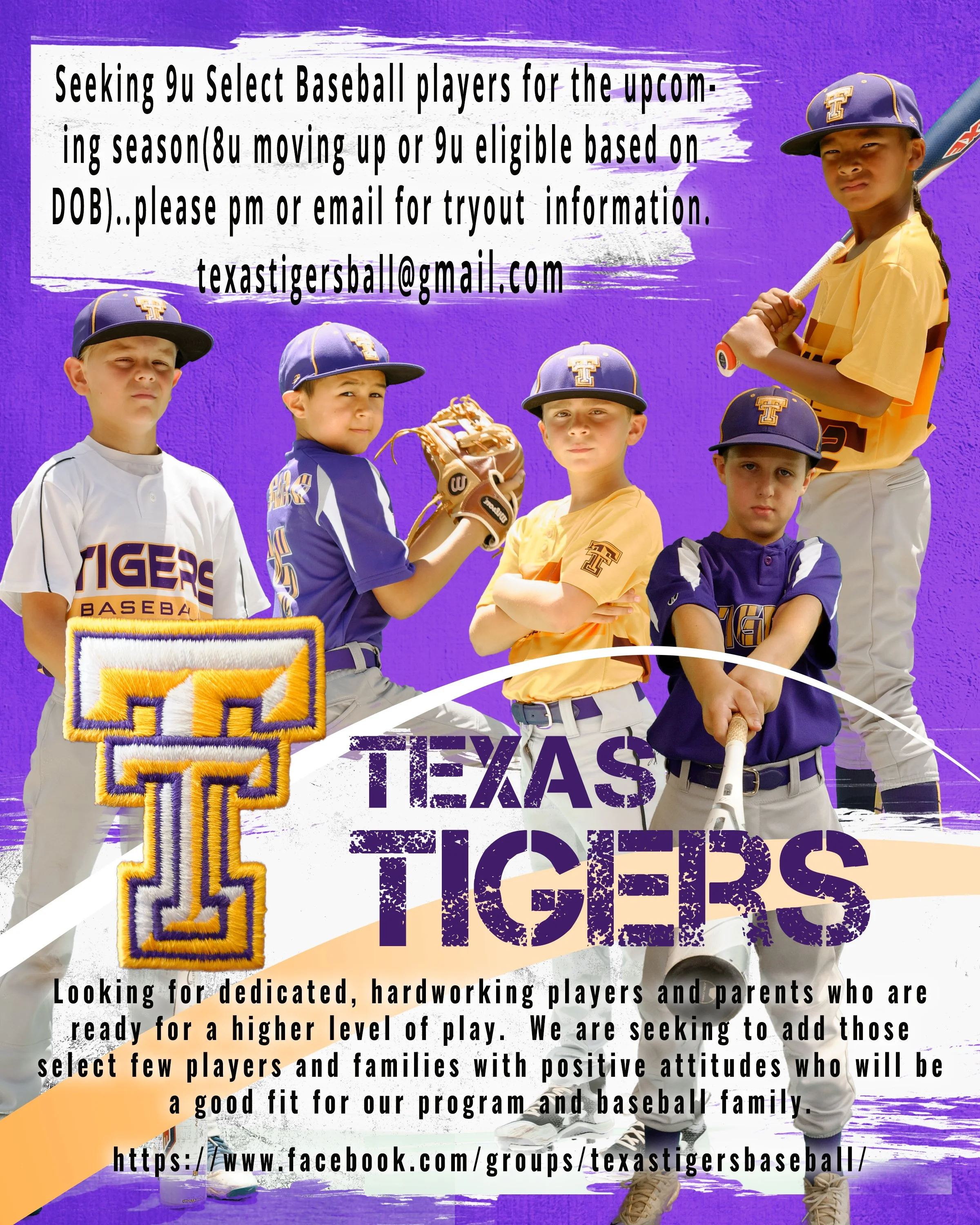 A group of young baseball players in uniform, some holding baseball bats, standing on a purple background with text about seeking baseball players for a team.