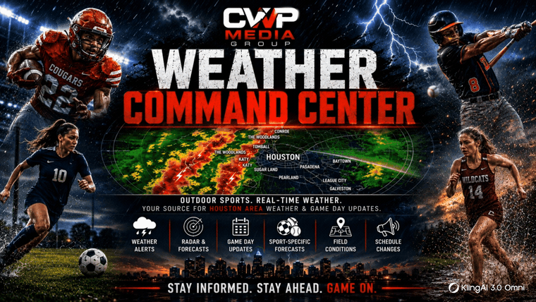 Weather command center graphic showing weather alerts, radar, game day updates, sport-specific forecasts, field conditions, and schedule changes for Houston area with images of athletes, storm clouds, lightning, and a weather map.