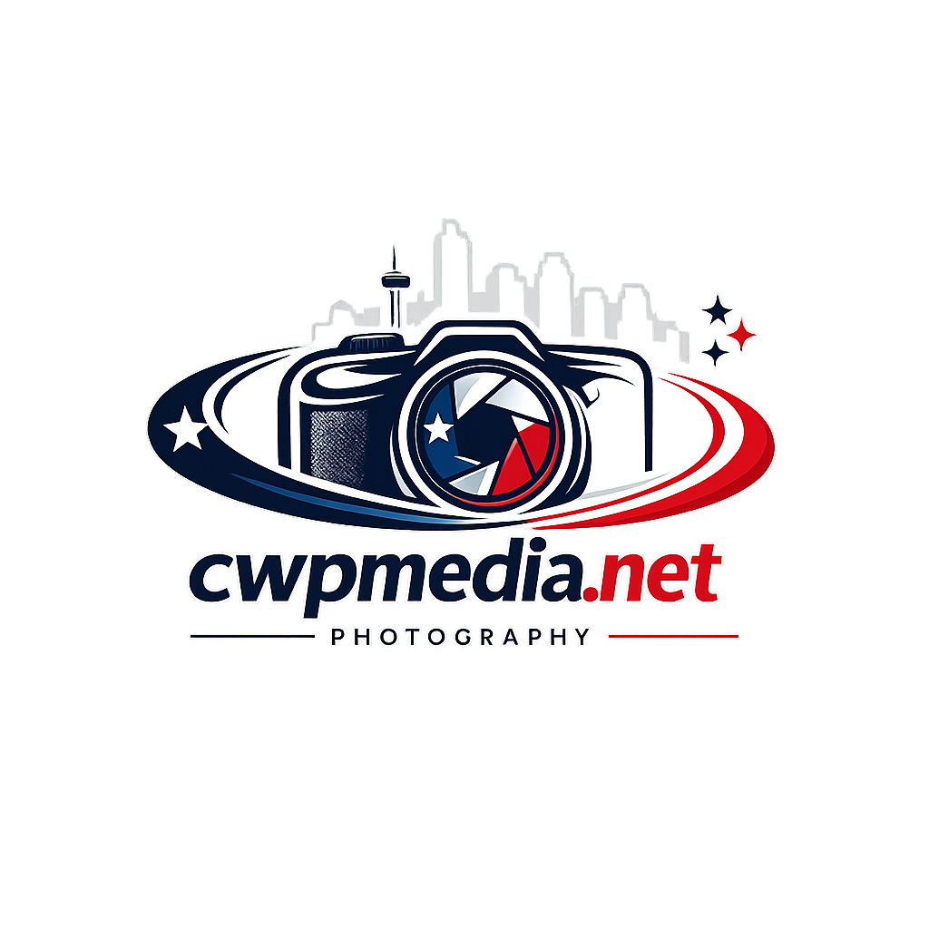 Logo for CWPMedia.net Photography featuring a stylized camera with the silhouette of a city skyline in the background, incorporating elements of the American flag with stars and red, white, and blue colors.