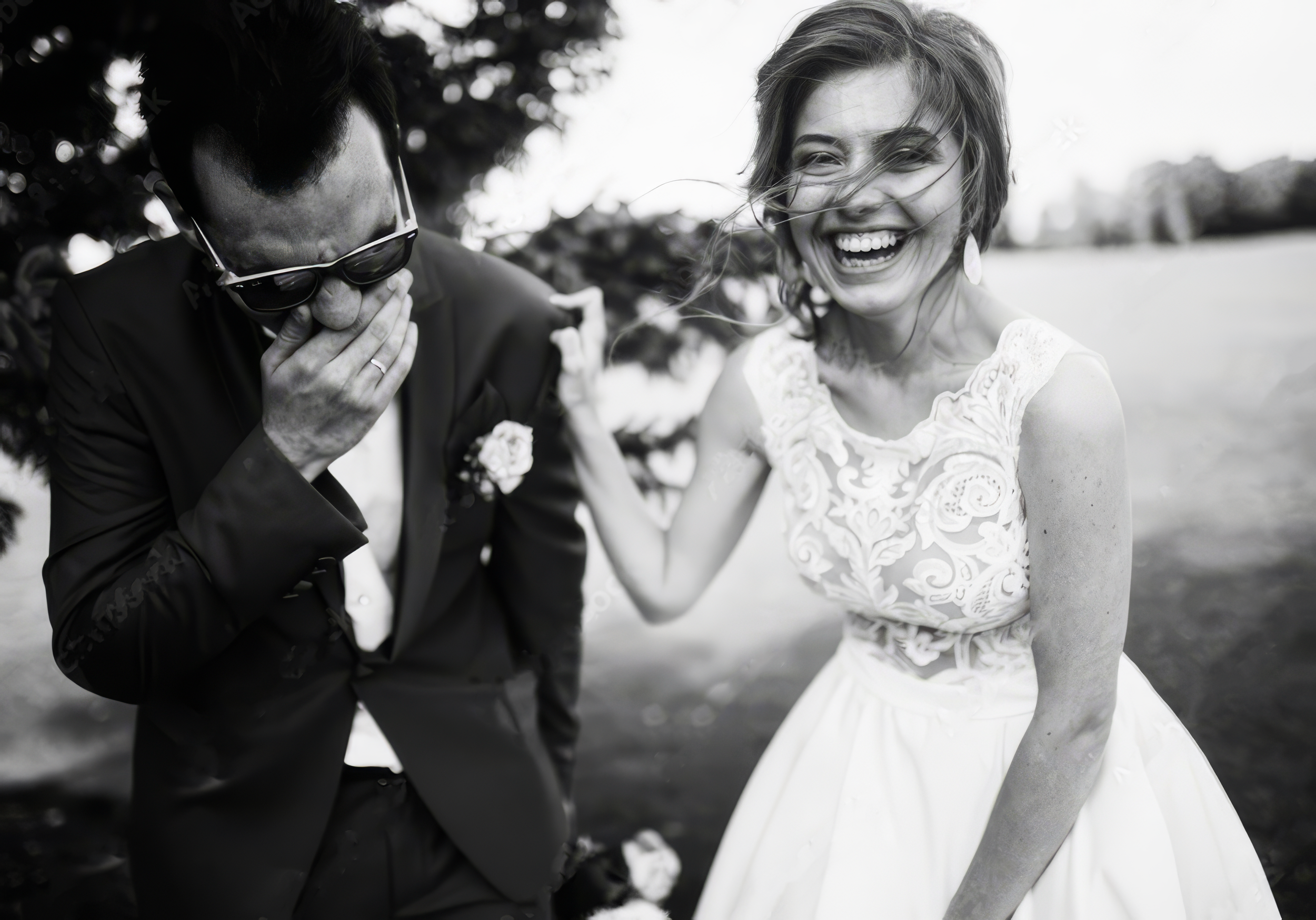 A man and woman laughing outdoors, the woman is wearing a white dress with lace details and the man is wearing a dark suit with sunglasses. The woman is showing her teeth in a big smile, and his hand covers his mouth as he laughs.