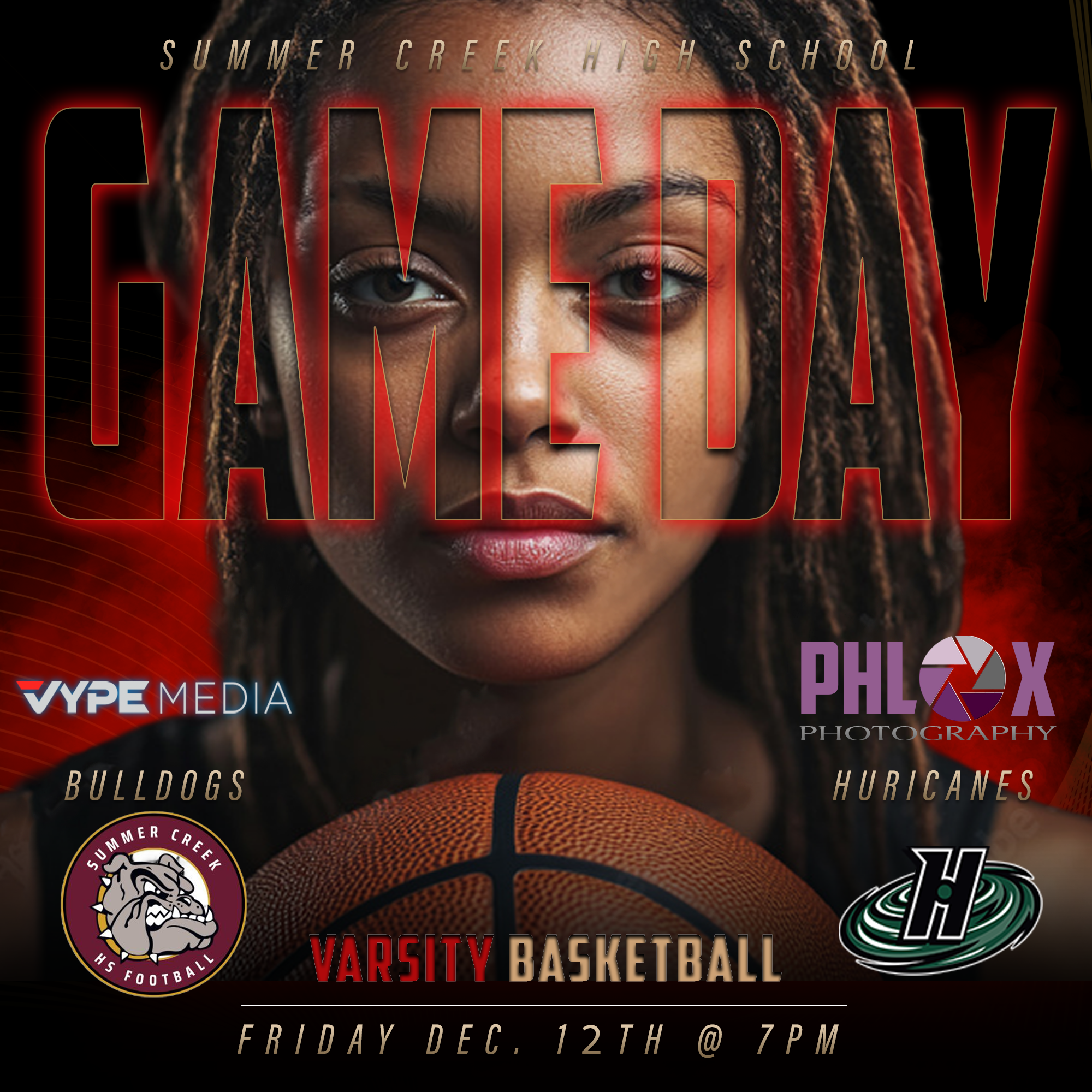Poster for Summer Creek High School event showing a woman's face with dreadlocks and a basketball. The text highlights varsity basketball, volleyball, and cheerleading, with event details of Friday, December 12th at 7 PM.